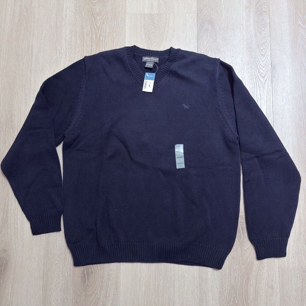 NWT Eddie Bauer Navy Blue V-Neck Sweater 100% Cotton Ribbed Knit L Old Money